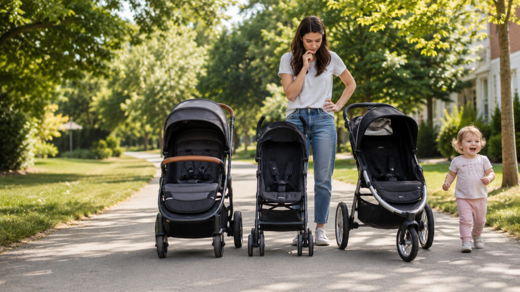 A woman stands in a sunny park, looking down at three different types of strollers in front of her.