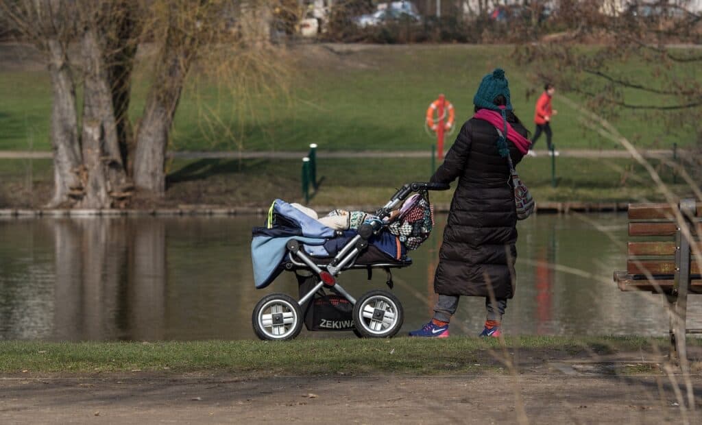 A person in a puffer coat standing with a blue baby stroller on a grassy lakefront.