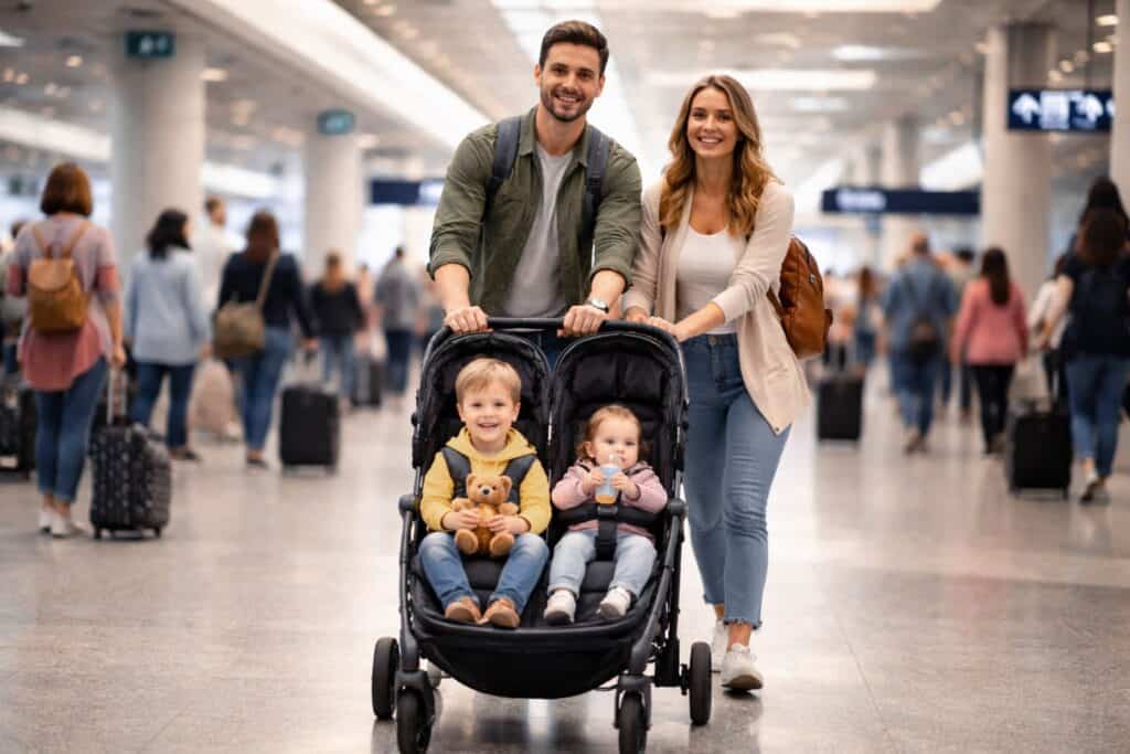 Parents traveling through an airport with a double stroller and two young children