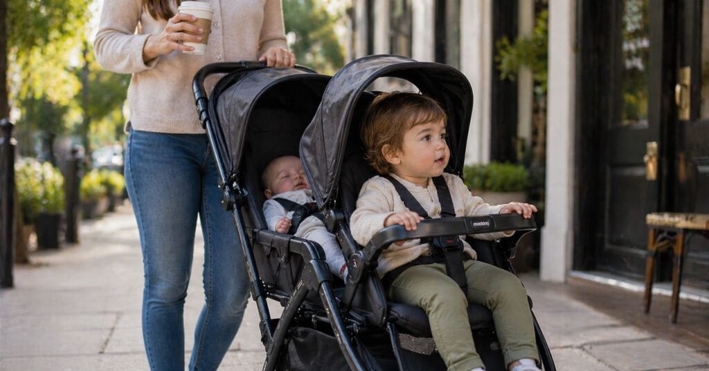 A mother walks along a sunny sidewalk, easily pushing a slim double stroller. A curious toddler sits in the front, while a baby sleeps peacefully in the back, with a softly blurred neighborhood in the background.