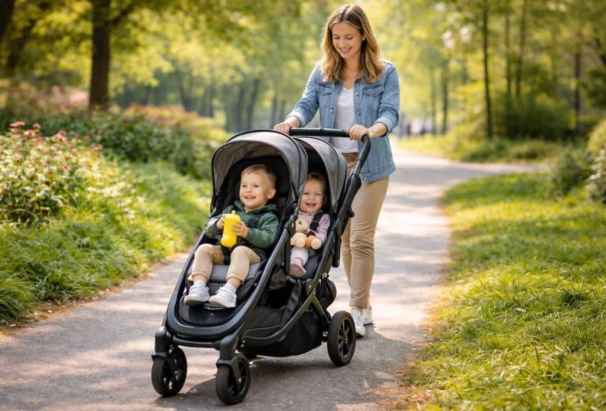 A parent pushes an in-line double stroller with two young children along a sunny park path