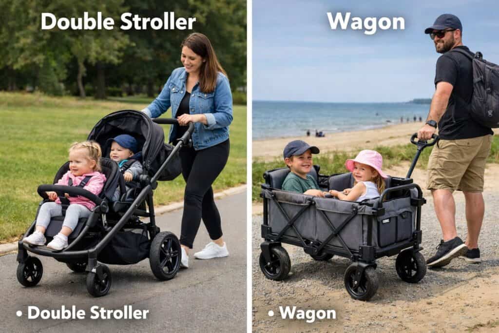 Double stroller vs wagon comparison showing two children riding in a stroller and a wagon outdoors