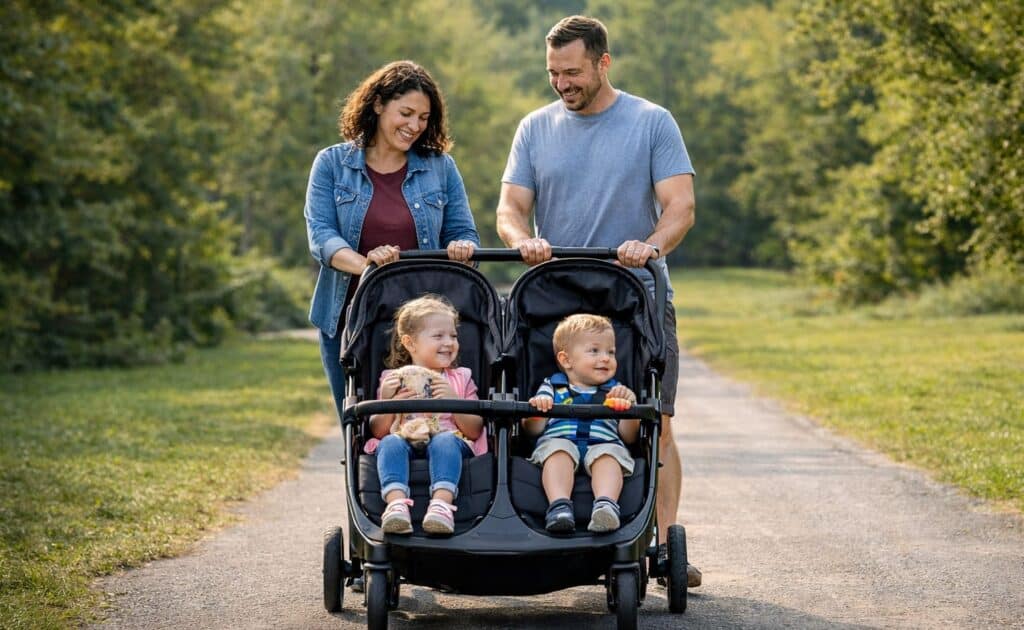 Parents walking together on a sunny park path while pushing a double stroller with two young children seated inside