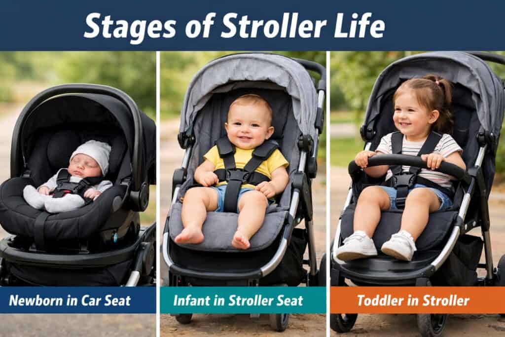 Baby using a stroller travel system through different stages