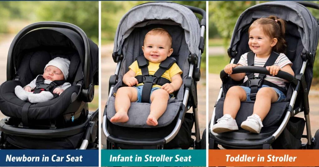 Baby in stroller at different stages: newborn, infant, toddler.