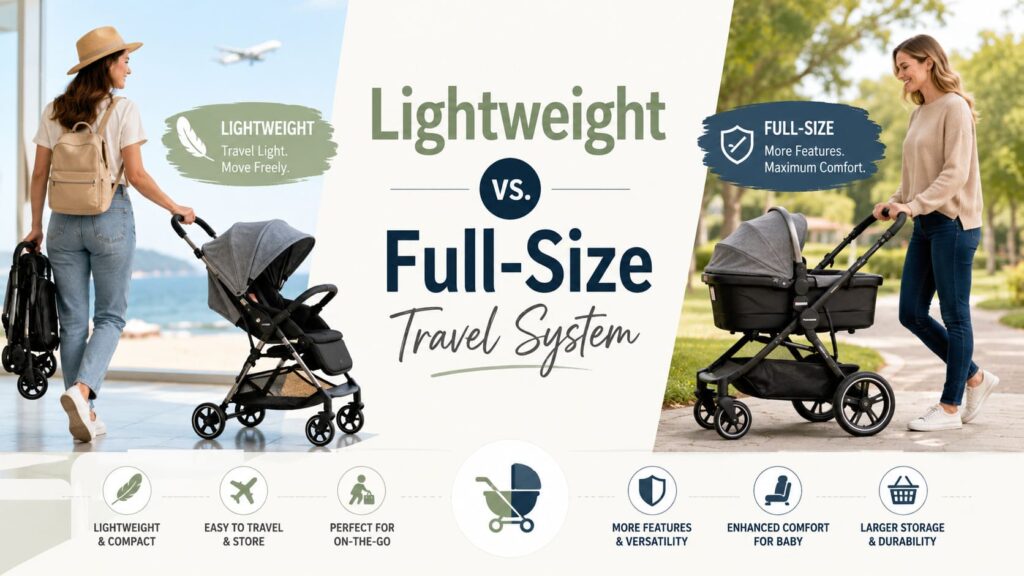 Lightweight vs. full-size travel system comparison showing a compact stroller and a larger stroller side by side.