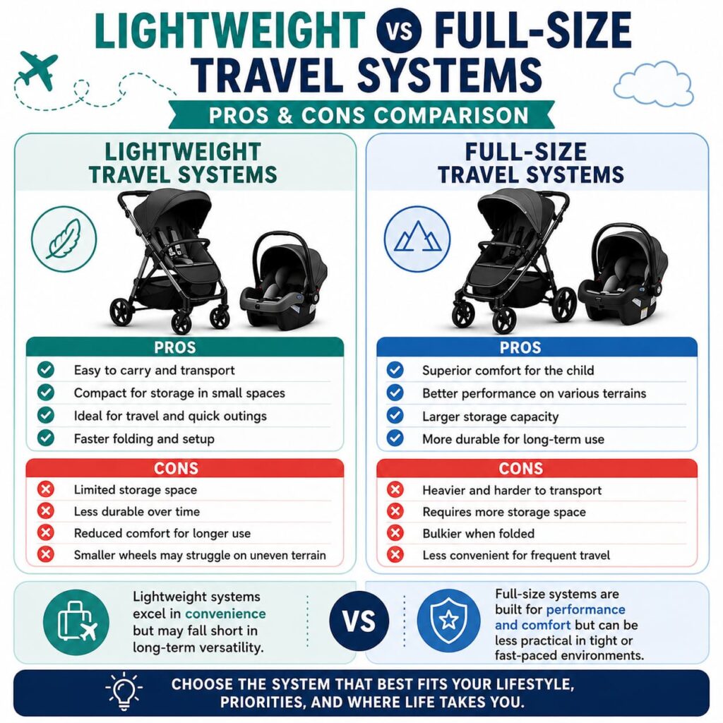 Lightweight vs. full-size stroller travel system comparison shown side by side.