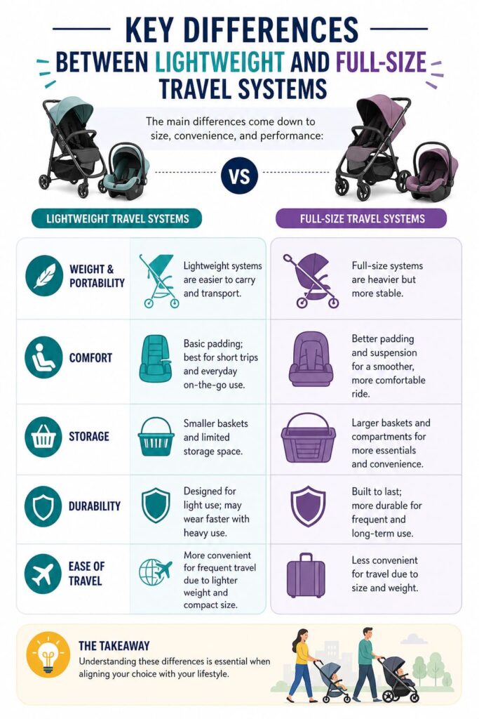 Key differences of lightweight vs. full-size stroller travel system comparison are shown side by side.