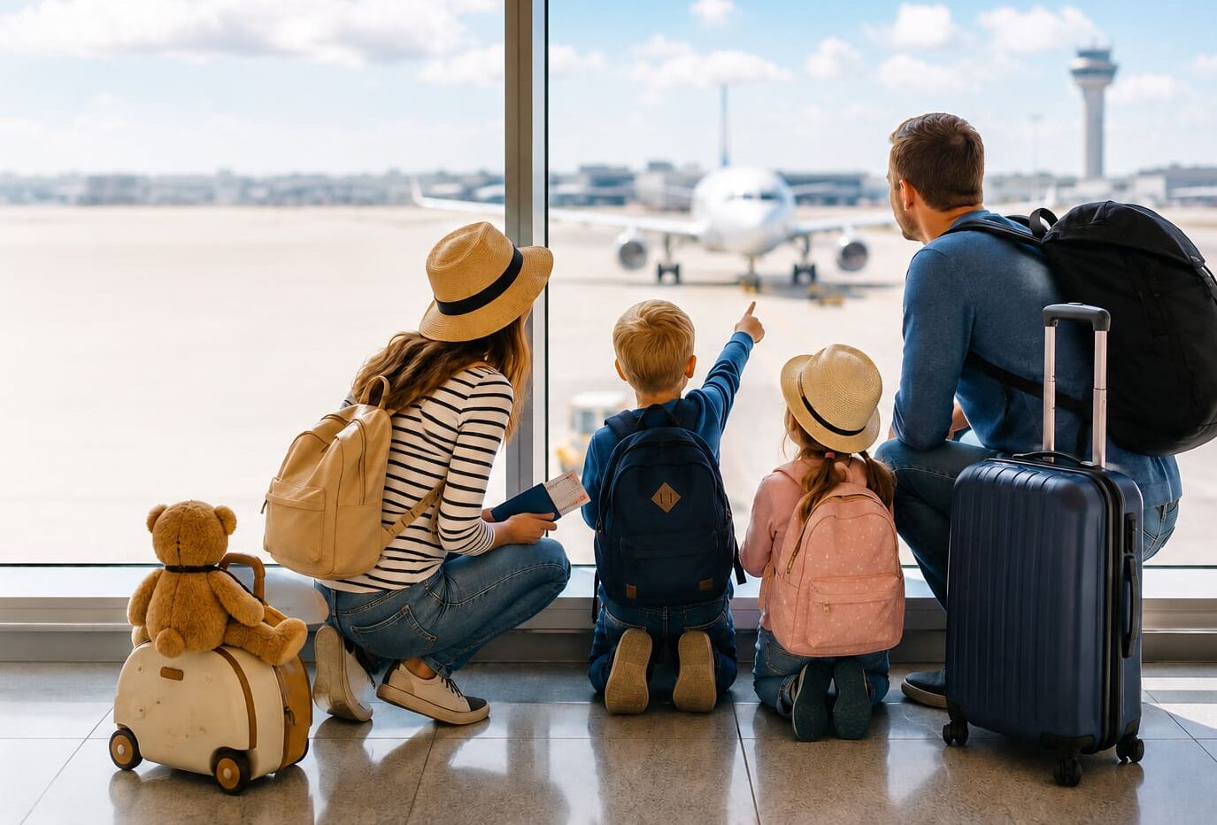 Family travelling by air with children