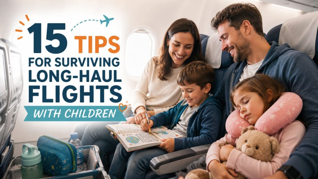 An image of a smiling family of four on an airplane, alongside large text that reads "15 Tips for Surviving Long-Haul Flights With Children.