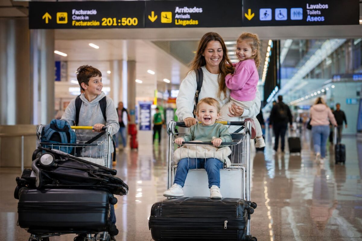 a mother traveling through a modern international airport with her three young children