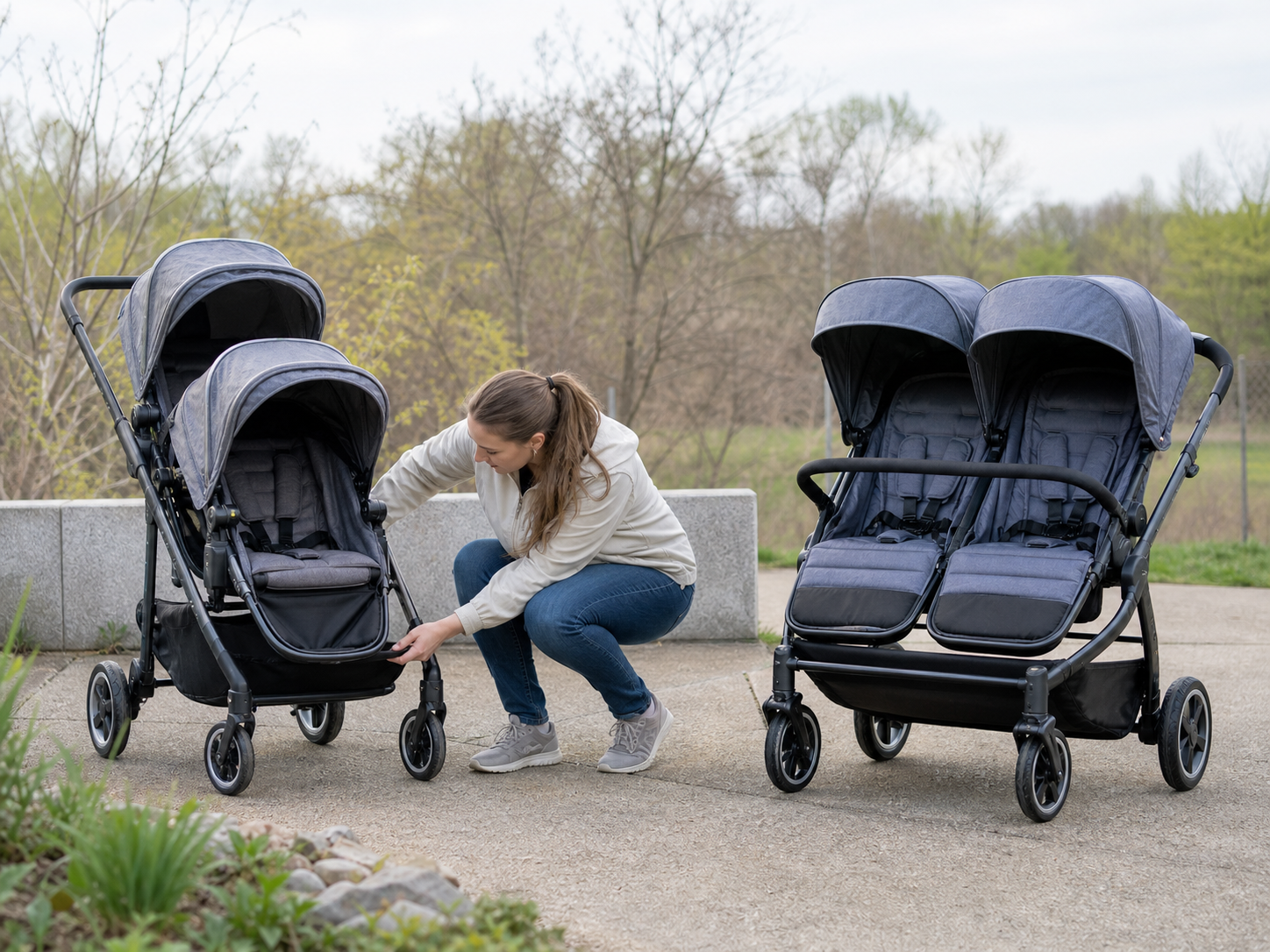 A reviewer examining tandem and side-by-side double stroller designs