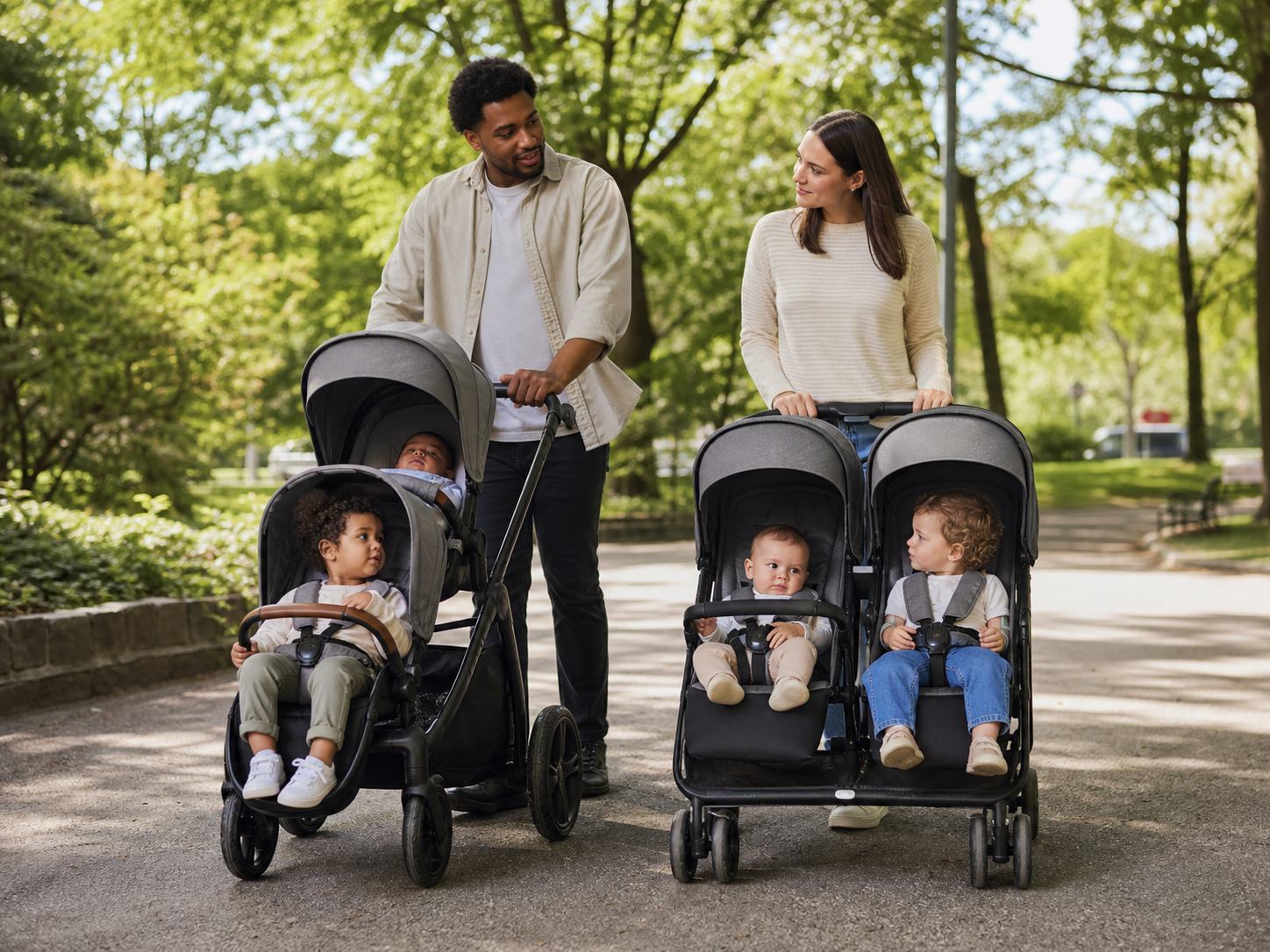 Parents comparing tandem and side-by-side double strollers for their family