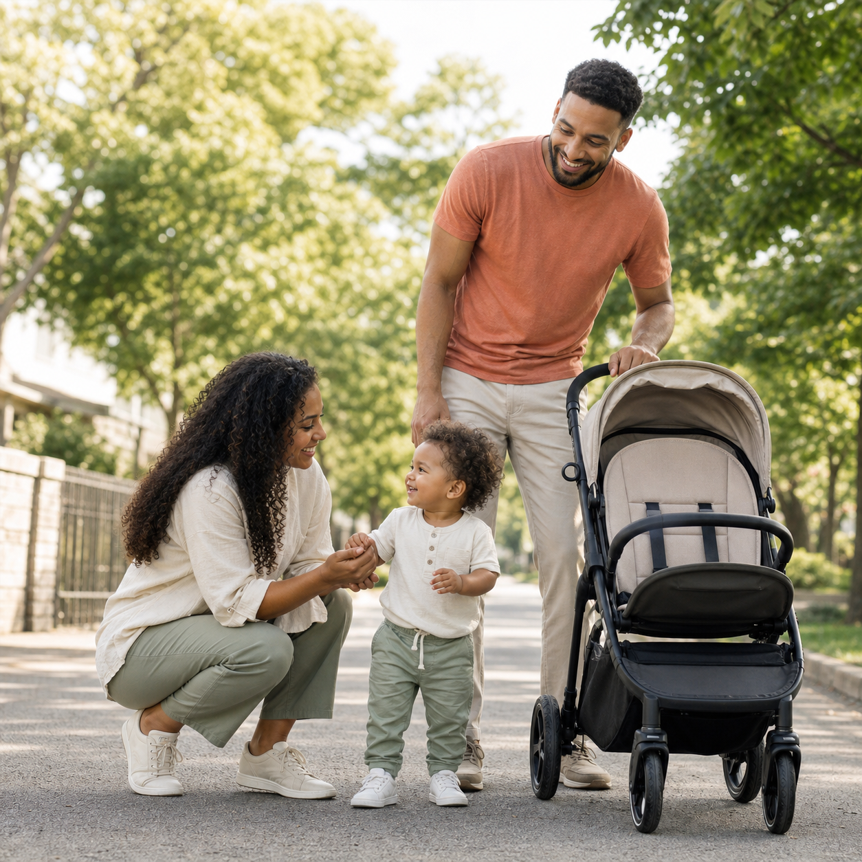 A family enjoying a relaxed outing together beside a stroller
